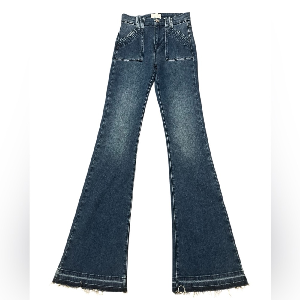 Frame le high flare high rise medium wash raw hem flare jeans - Picture 4 of 14